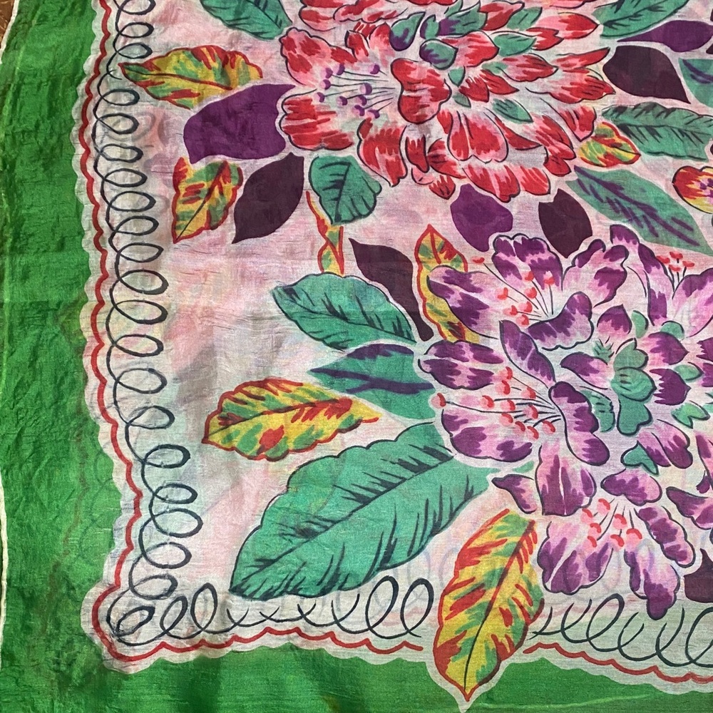 Vibrant Floral Print Scarf Green Pink & Purple Lightweight Botanical Print